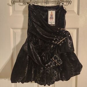 Y2K Black Velvet Mini Bubble Dress With Buckles